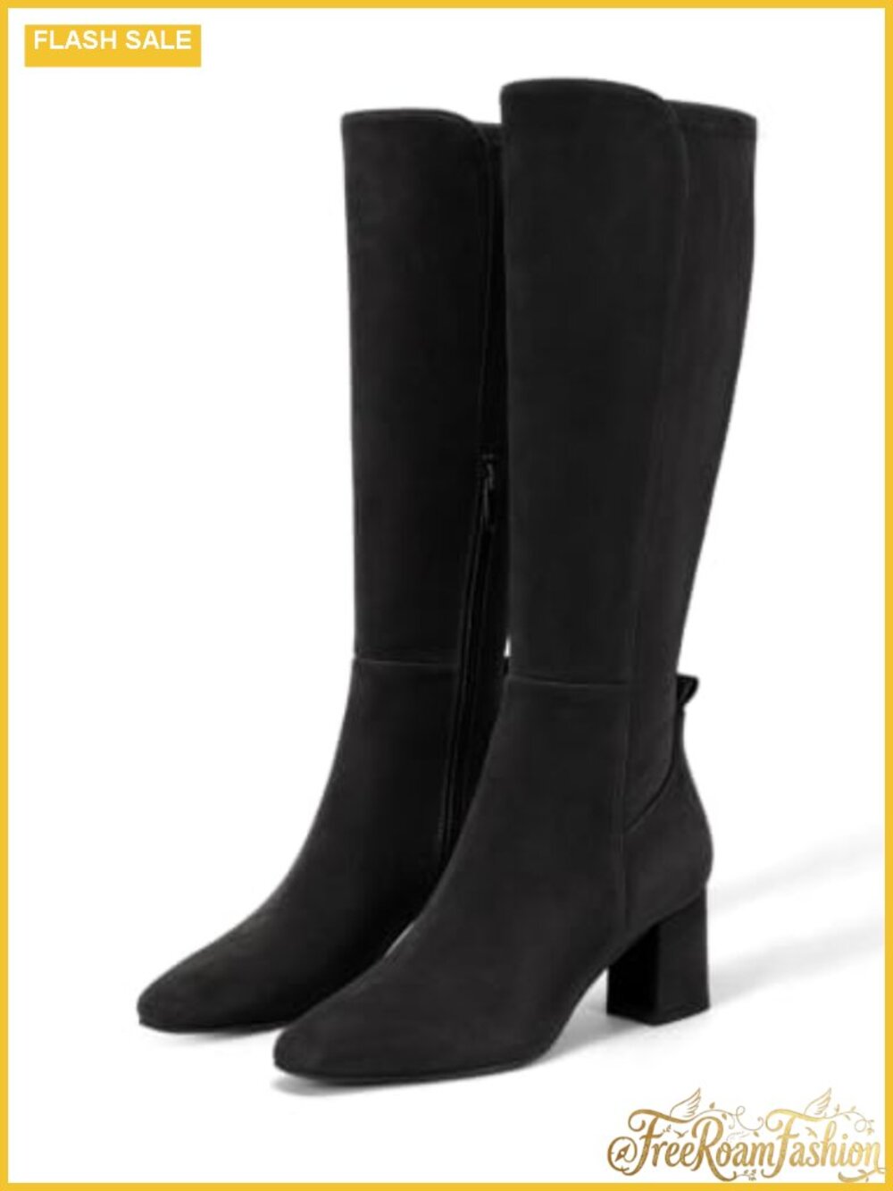 Coutgo Womens Knee High Boots Chunky Heel Side Zipper Faux Suede Dress Boots